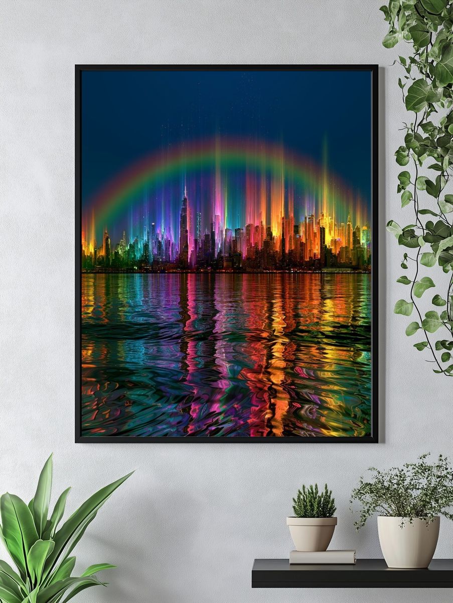 Neon Rainbow Skyline Poster. — room view 4