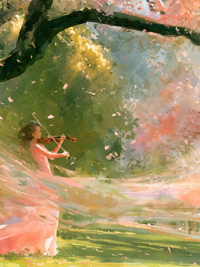 Violin in Cherry Blossom Grove Print. poster — illustration art