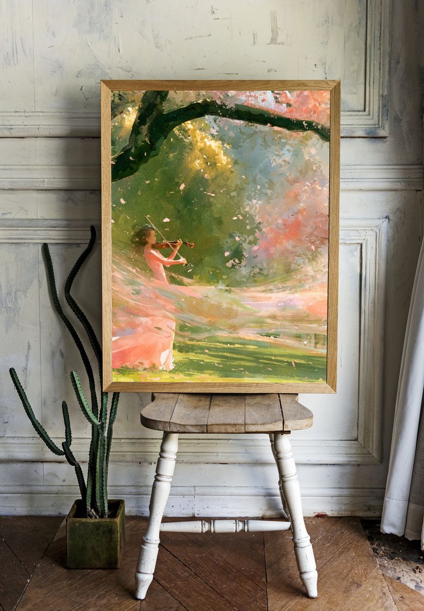 Violin in Cherry Blossom Grove Print. — room view 1