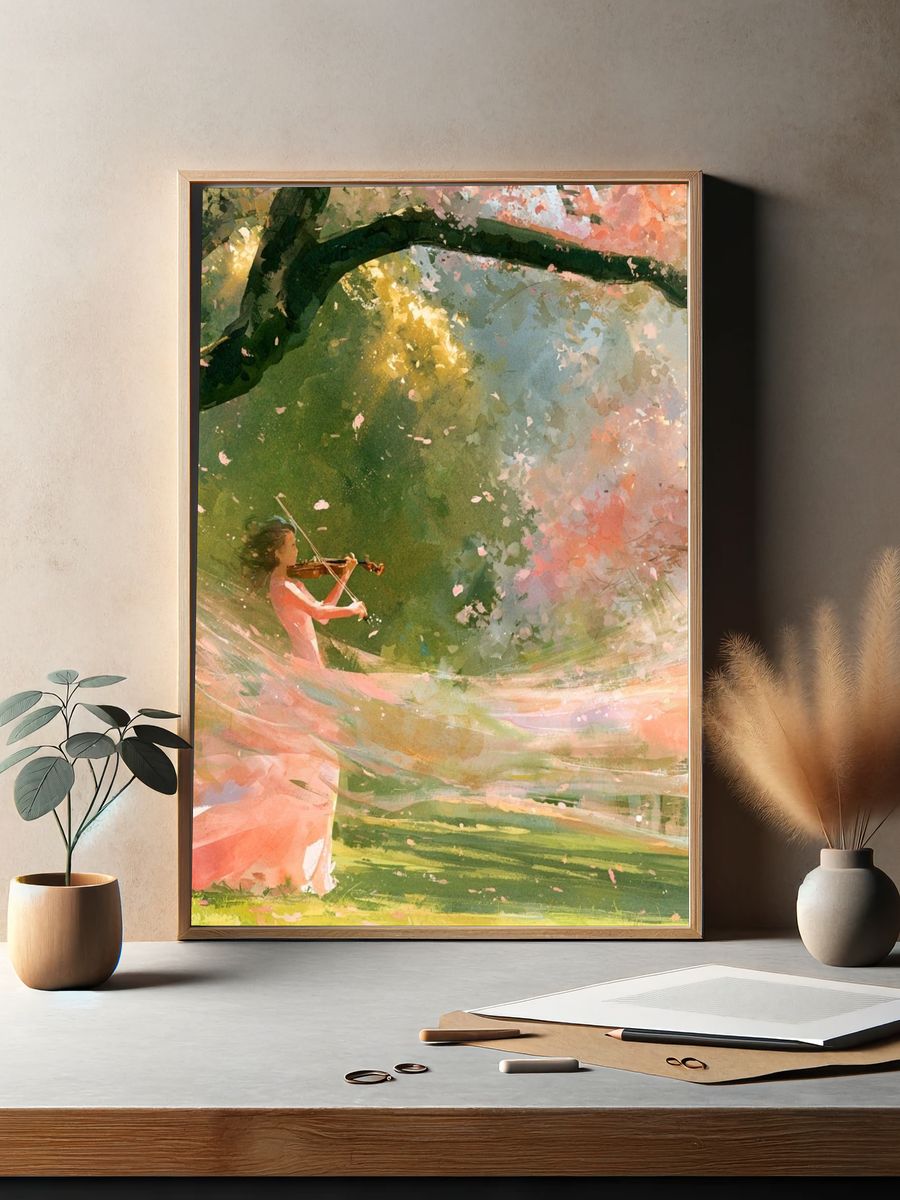 Violin in Cherry Blossom Grove Print. — room view 2