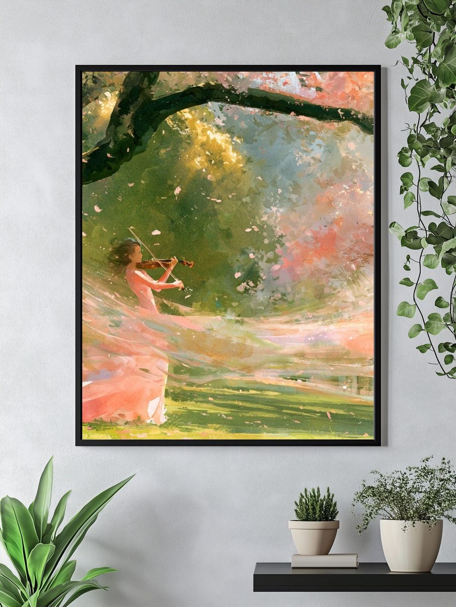 Violin in Cherry Blossom Grove Print. — room view 4