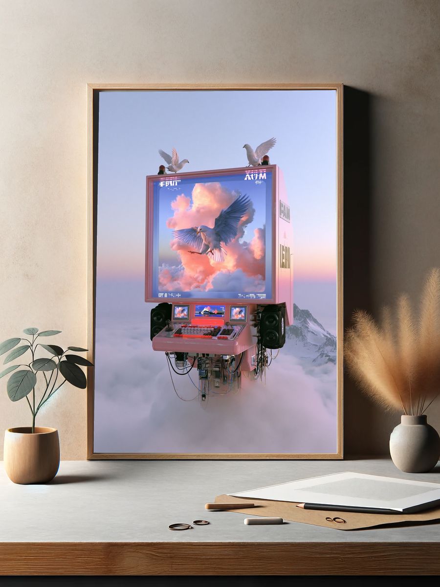 Surreal Bird Machine Digital Art Print. — room view 2