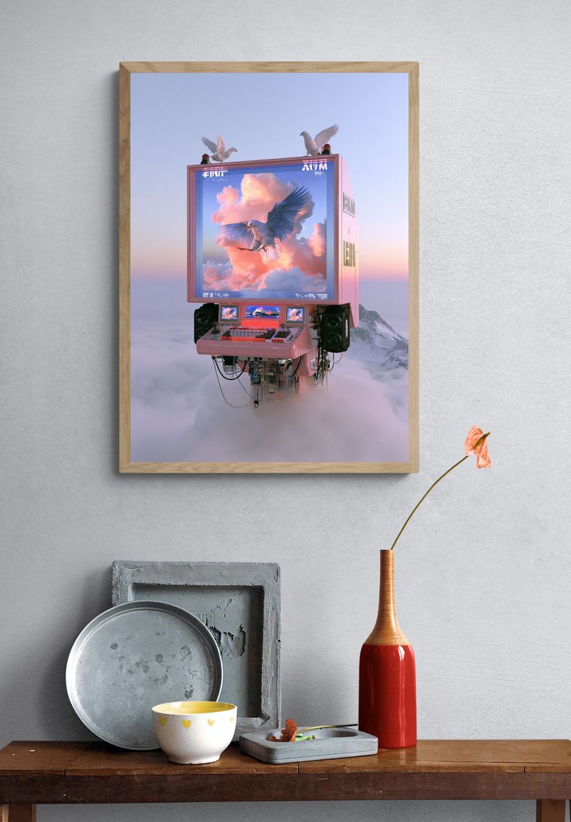 Surreal Bird Machine Digital Art Print. — room view 3