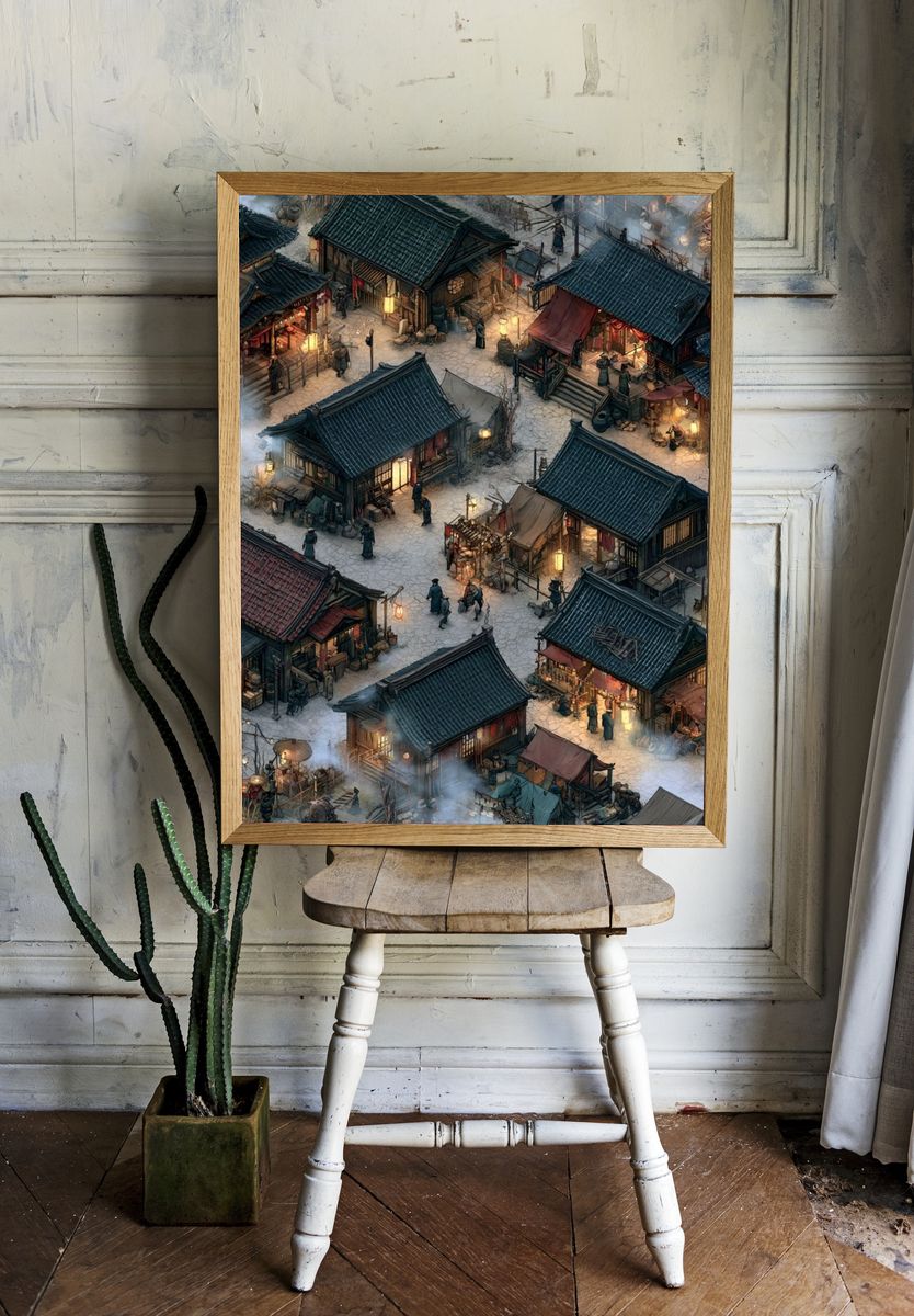 Ancient Market Village Illustration Poster. room preview