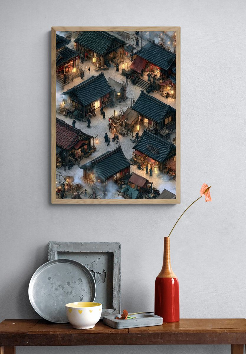 Ancient Market Village Illustration Poster. — room view 3