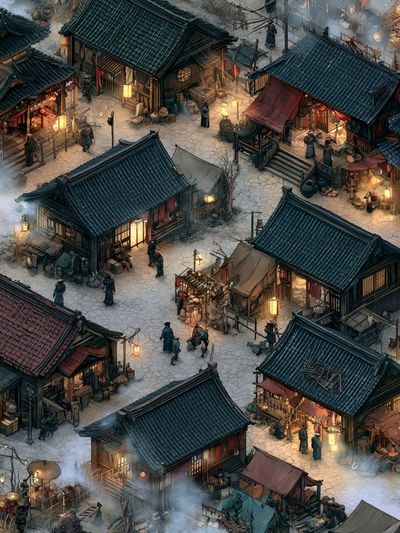 Ancient Market Village Illustration Poster. poster