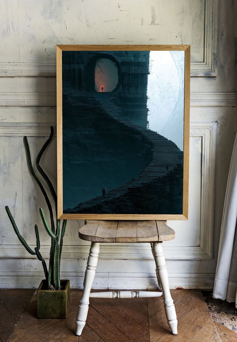 Misty Cliff Stairway Surrealism Print. room preview