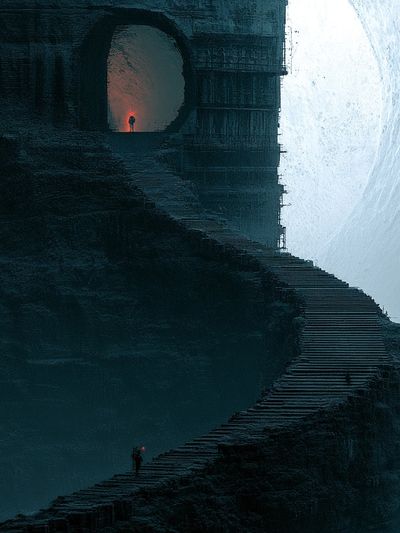 Misty Cliff Stairway Surrealism Print.