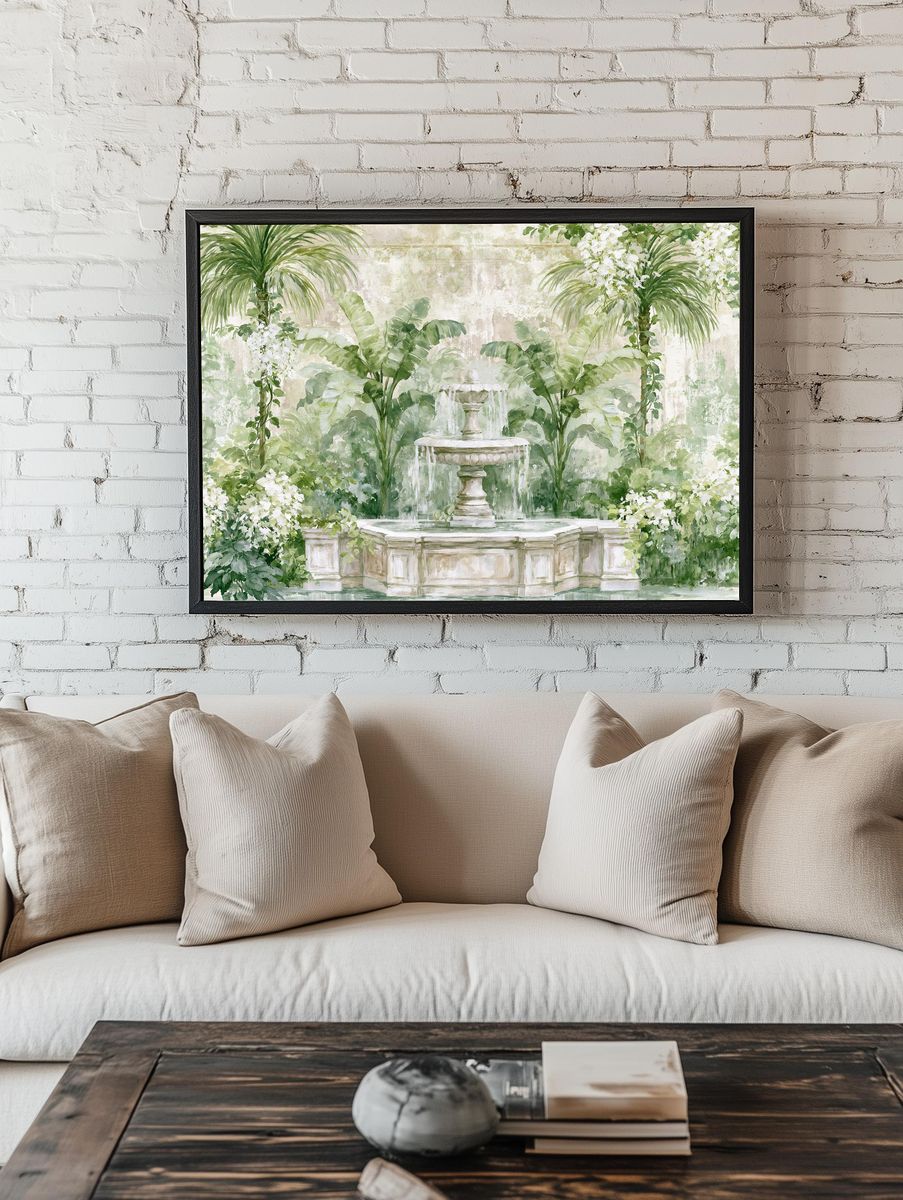 Tropical Garden Fountain Illustration Print. room preview
