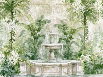 Tropical Garden Fountain Illustration Print. poster