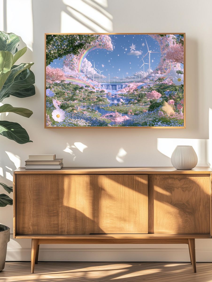 Dreamy Rainbow Valley Illustration Poster. — room view 3