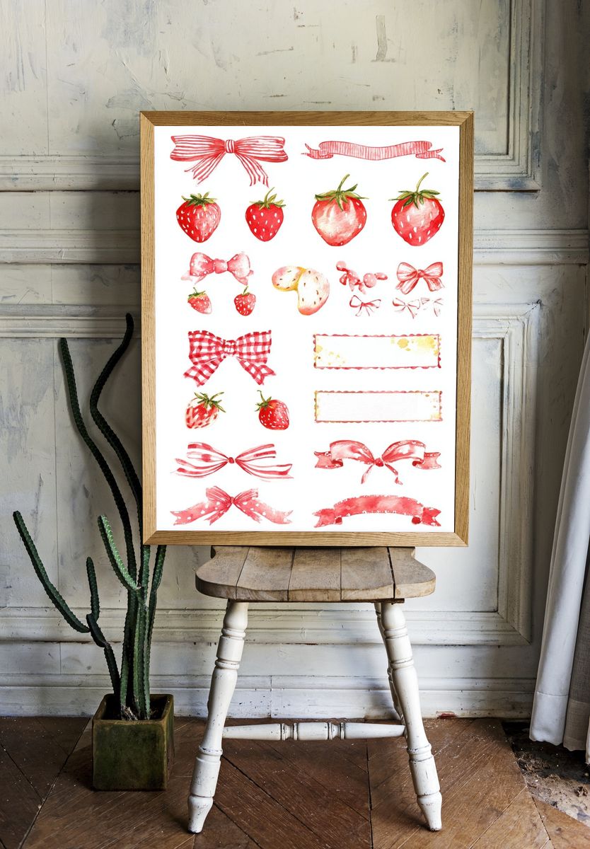 Strawberry Ribbon Watercolor Print. — room view 1