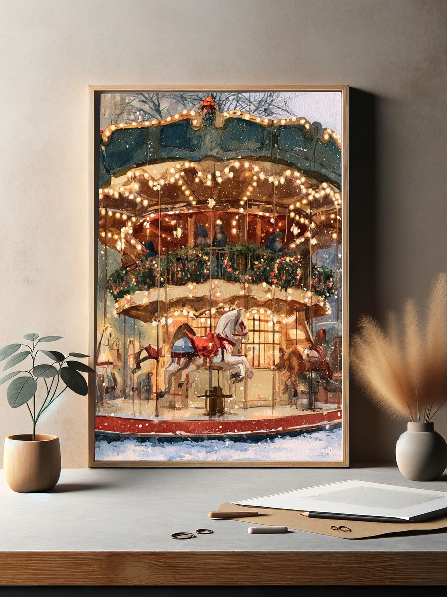 Winter Carousel Watercolor Poster. — room view 2