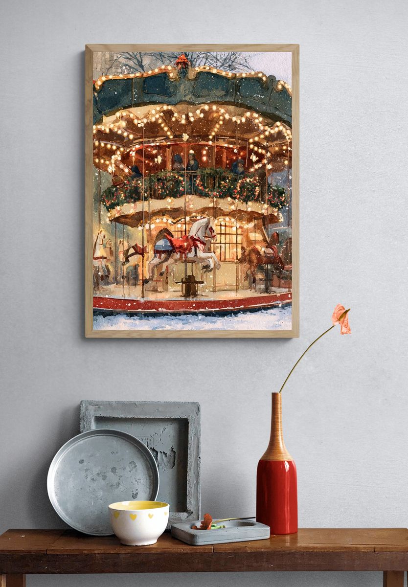 Winter Carousel Watercolor Poster. — room view 3