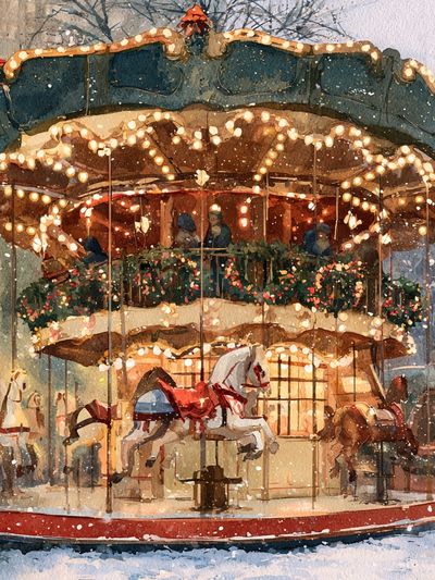 Winter Carousel Watercolor Poster.