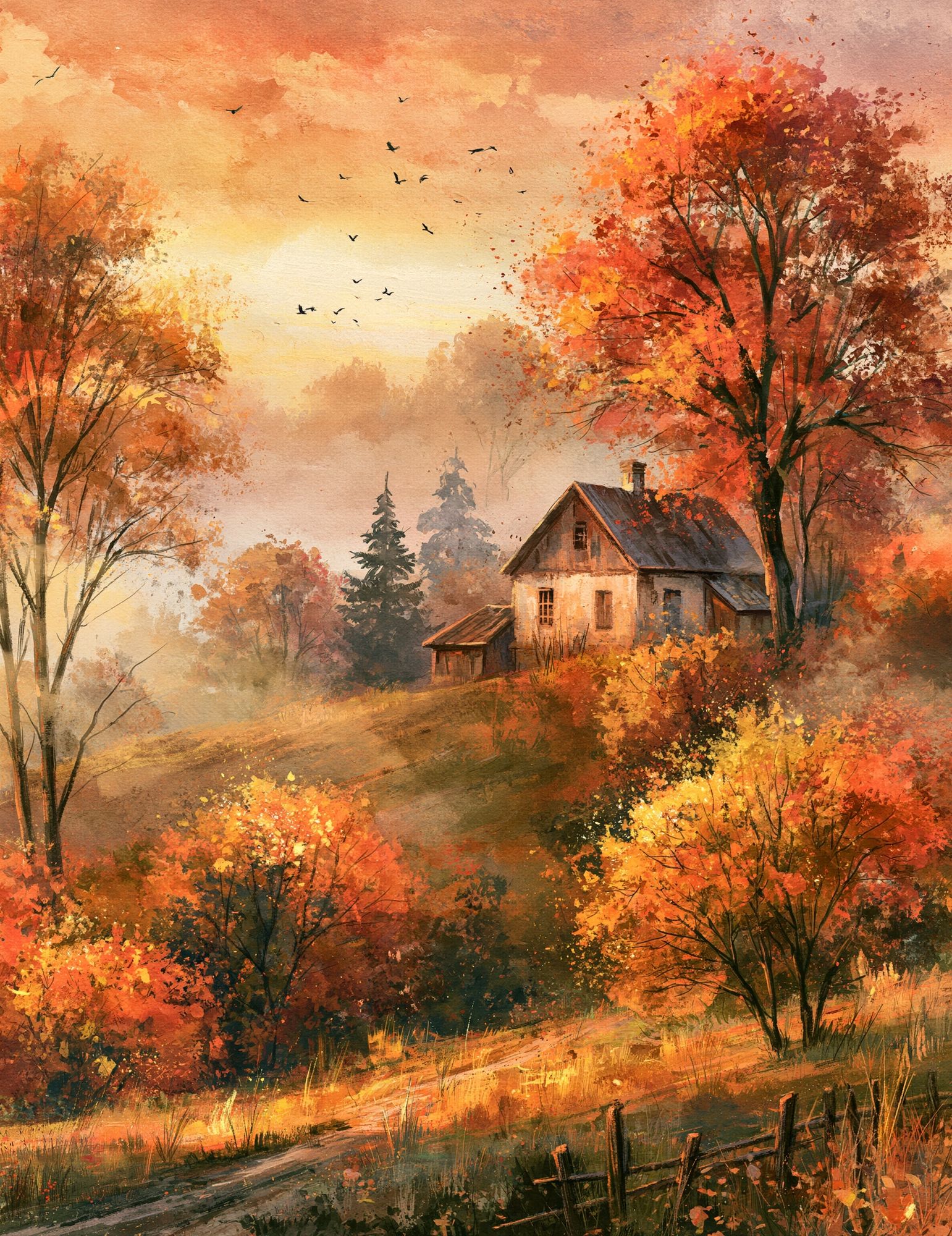 Autumn Cottage Landscape Print. poster detail