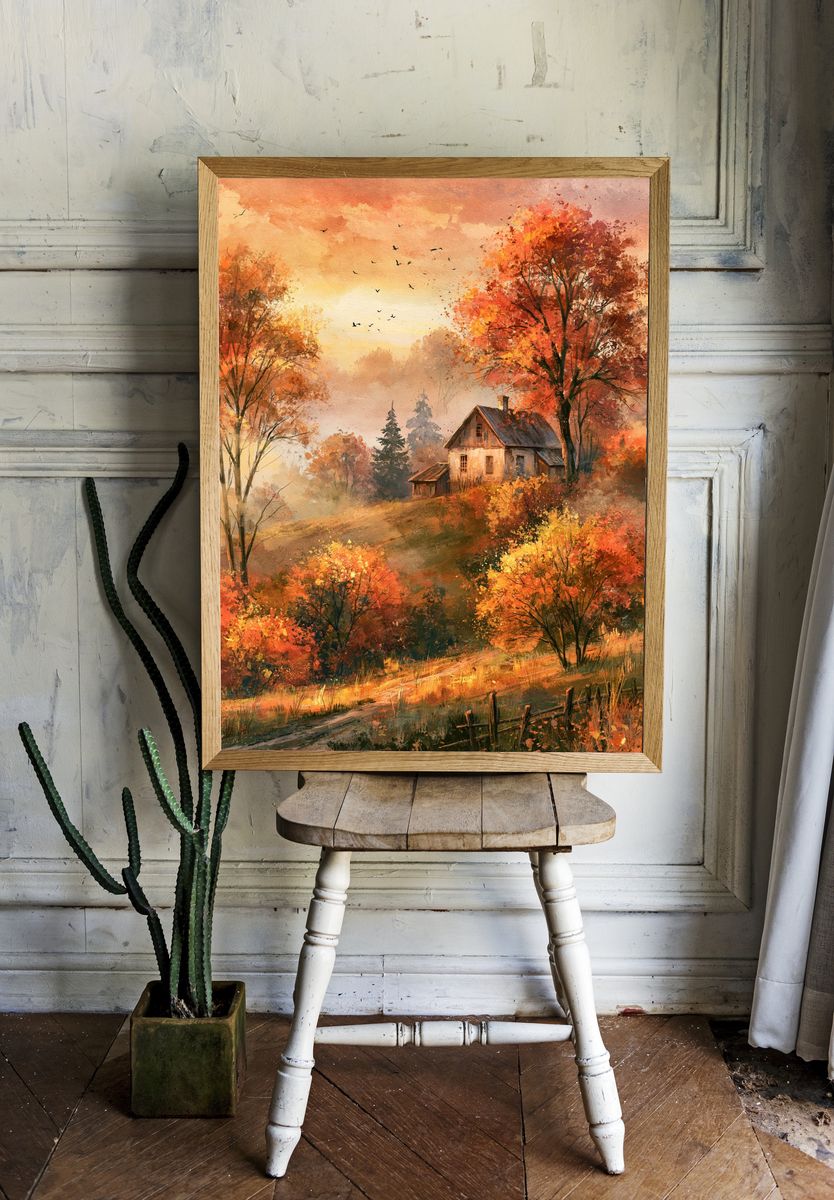 Autumn Cottage Landscape Print. room preview