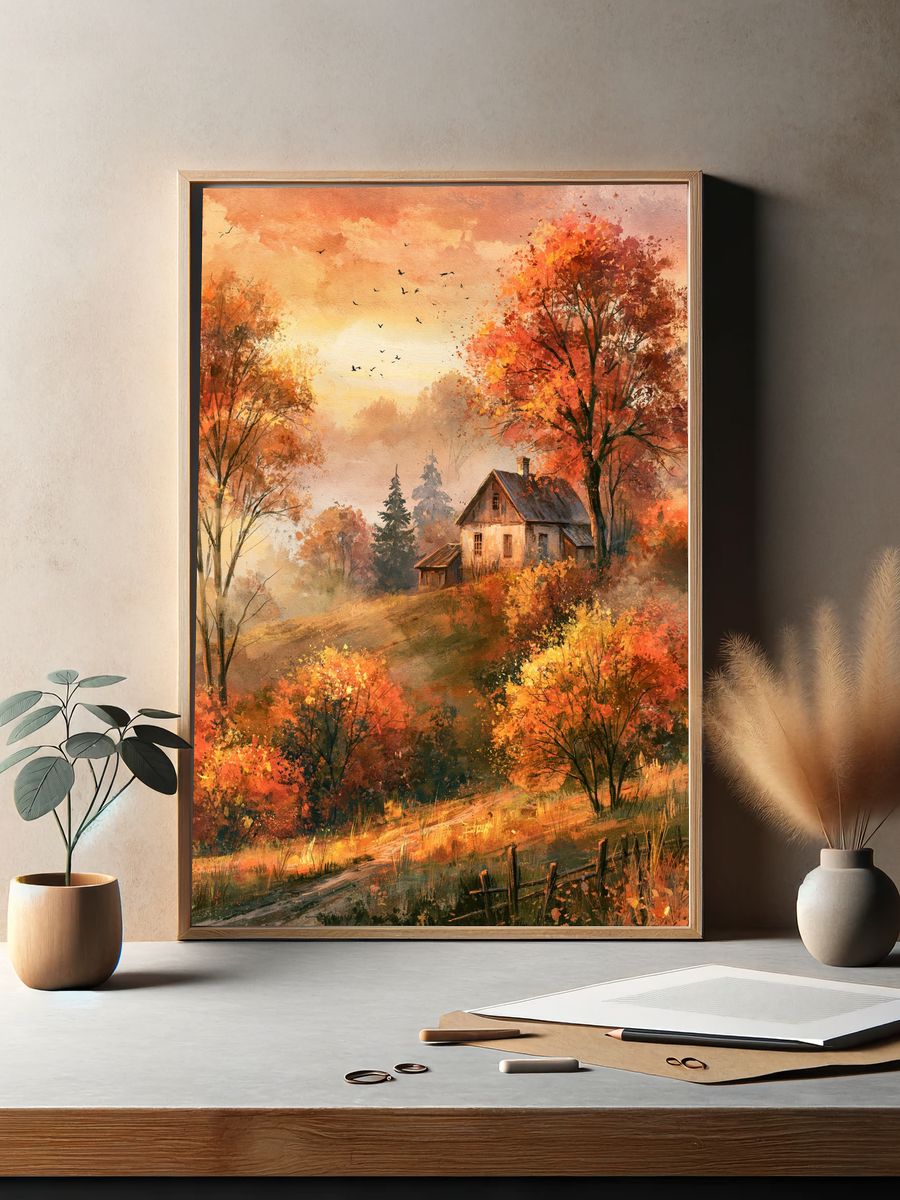 Autumn Cottage Landscape Print. — room view 2