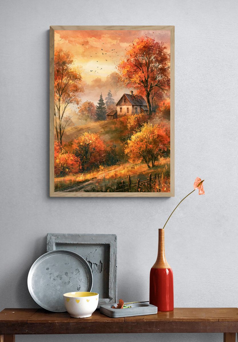 Autumn Cottage Landscape Print. — room view 3