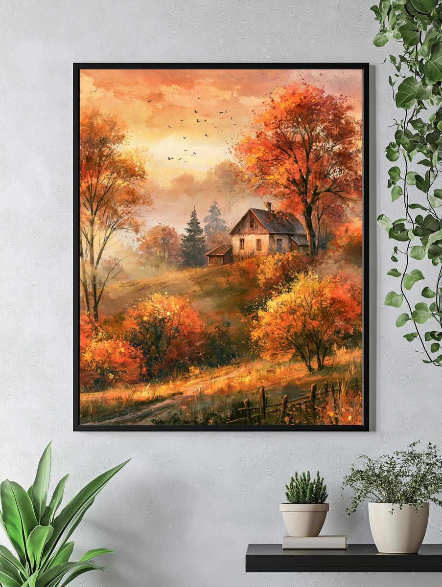 Autumn Cottage Landscape Print. — room view 4