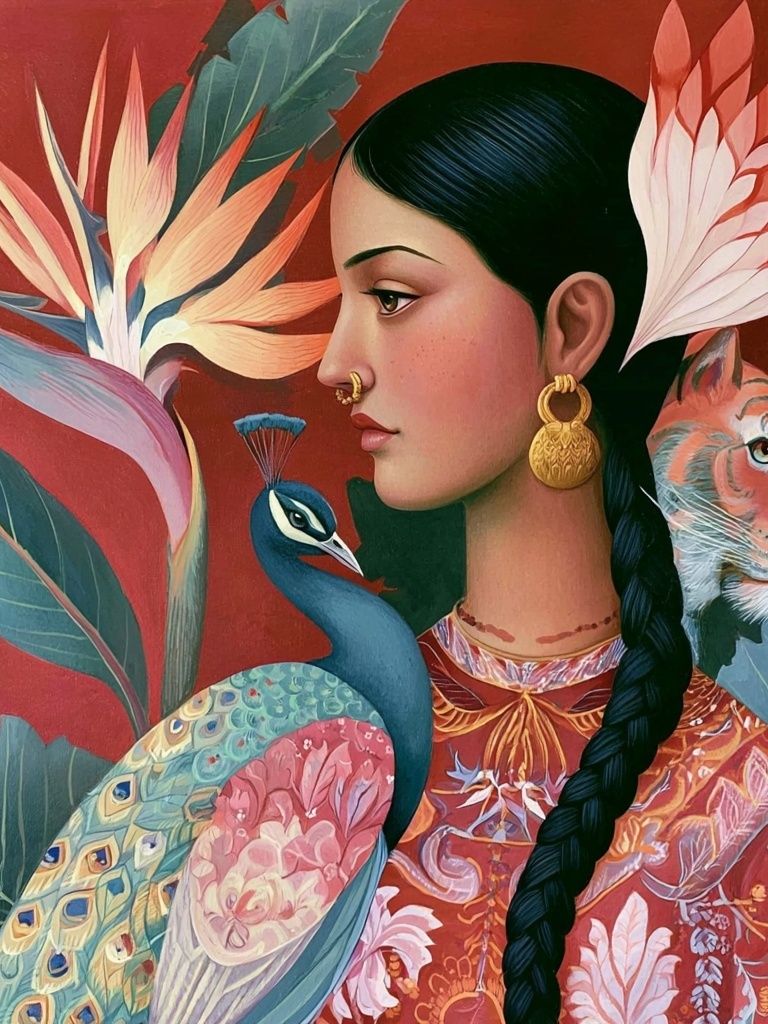 Floral Woman and Peacock Illustration Poster. poster detail