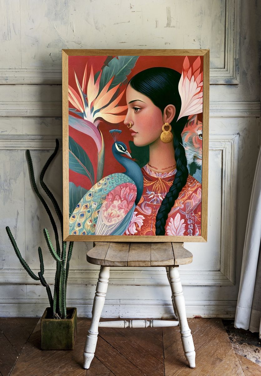 Floral Woman and Peacock Illustration Poster. room preview