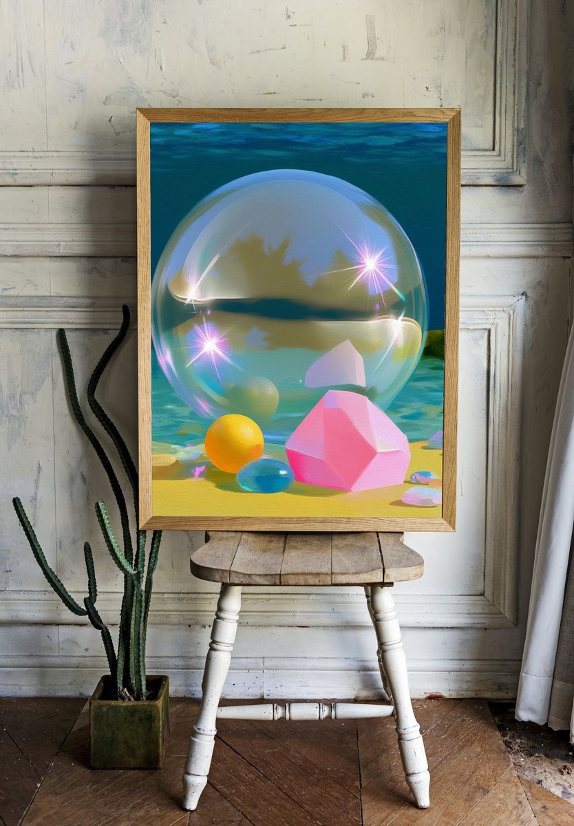Dreamy Crystal Beach Illustration Print. room preview