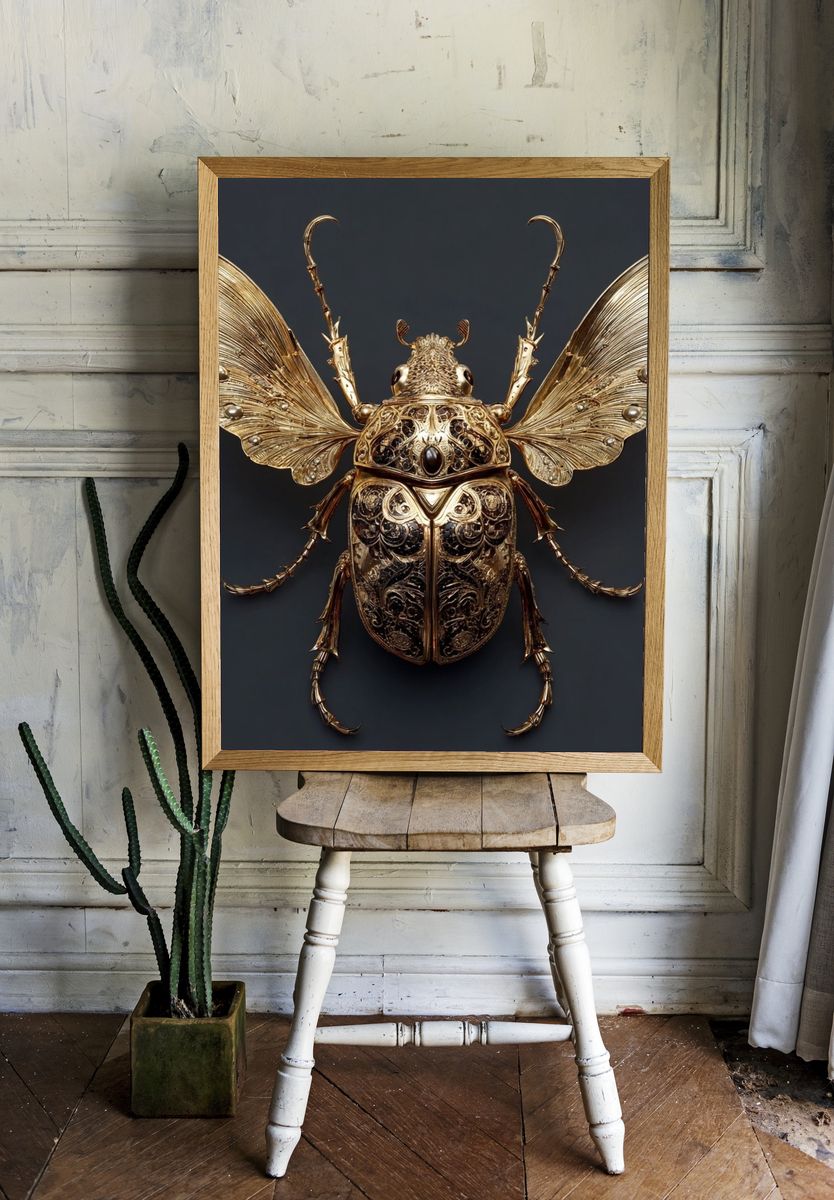 Golden Beetle Surreal Illustration Poster room preview