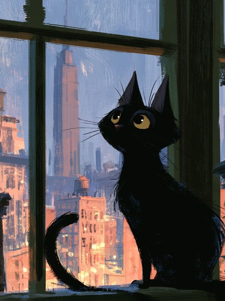 Black Cat City View Illustration Poster. poster detail