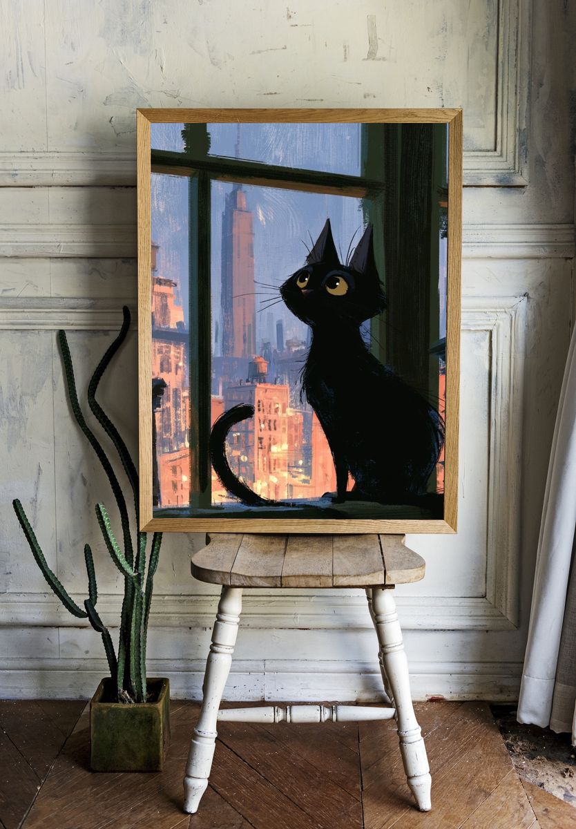 Black Cat City View Illustration Poster. — room view 1