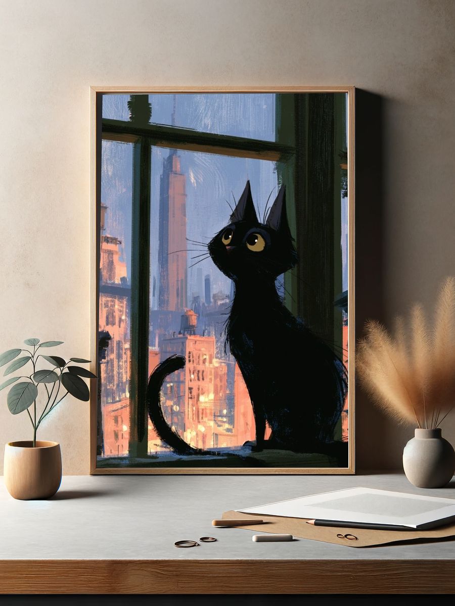 Black Cat City View Illustration Poster. — room view 2