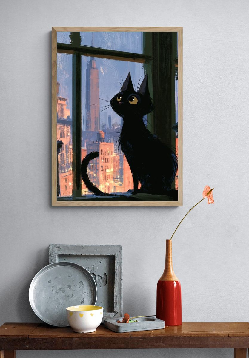 Black Cat City View Illustration Poster. — room view 3