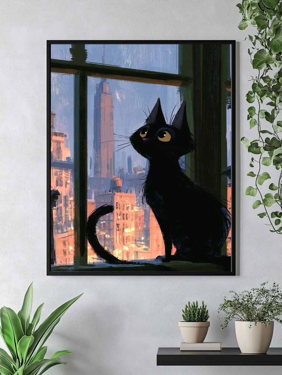 Black Cat City View Illustration Poster. — room view 4
