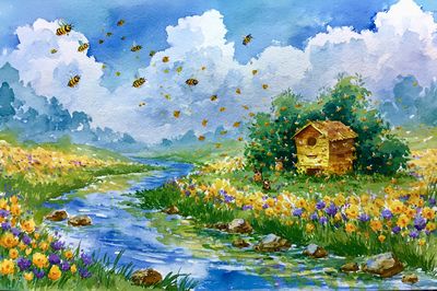 Bee Meadow Watercolor Poster. poster