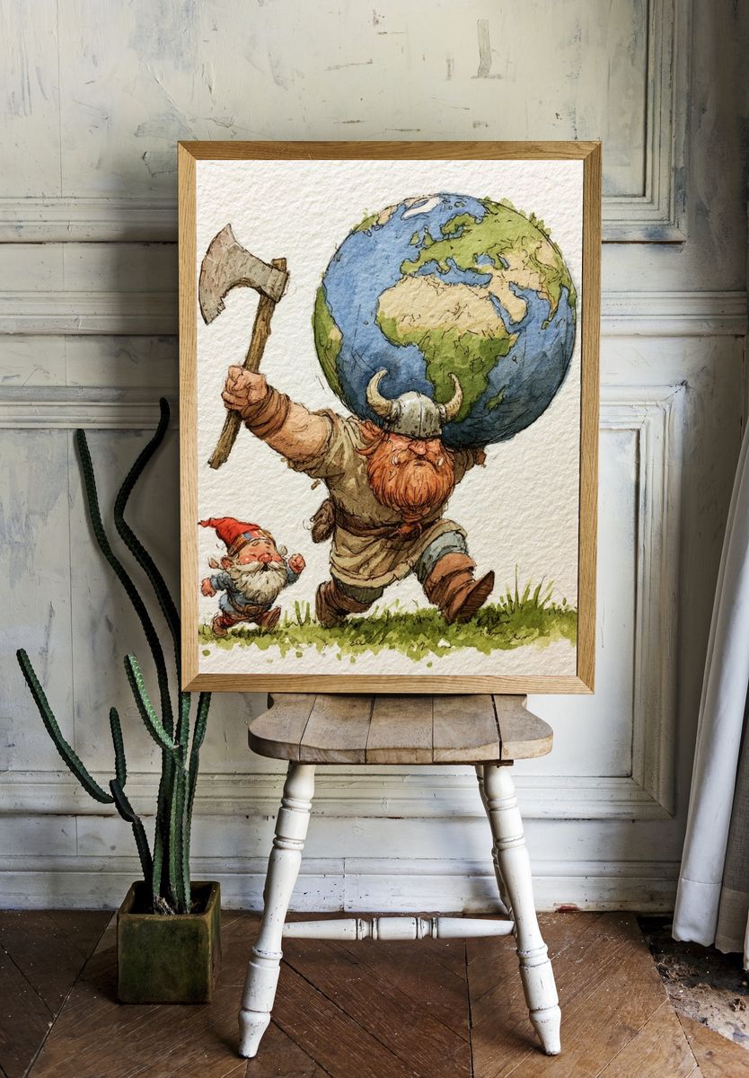 Viking Earth Carrying Gnome Illustration Poster. — room view 1