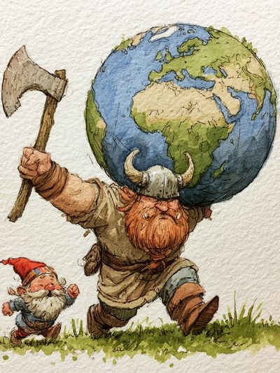 Viking Earth Carrying Gnome Illustration Poster.