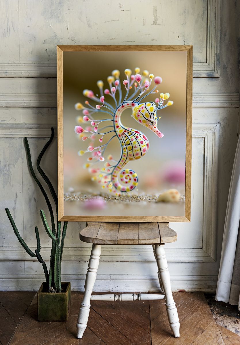 Whimsical Seahorse Illustration Poster. — room view 1
