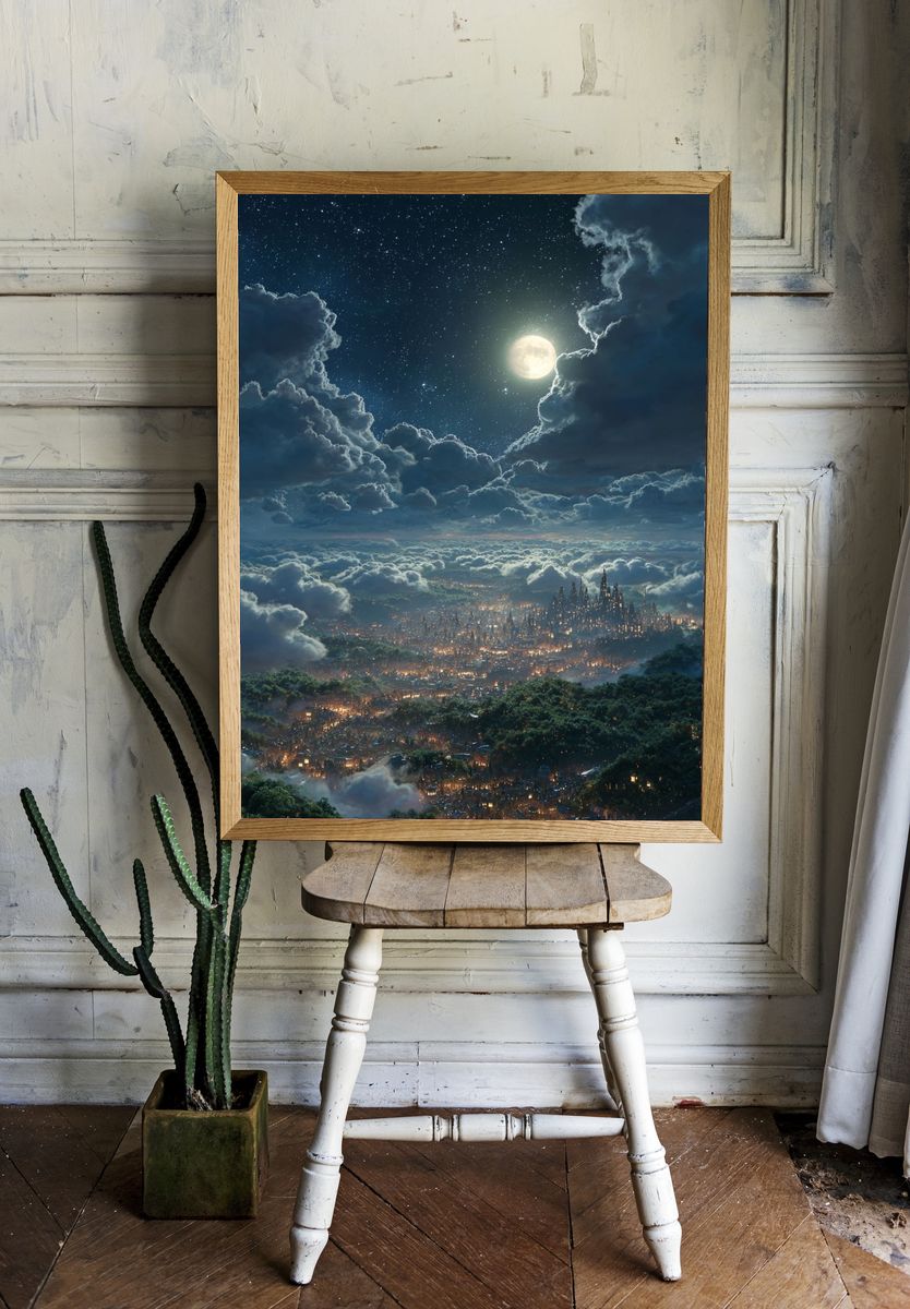Moonlit Cloud City Fantasy Print. room preview