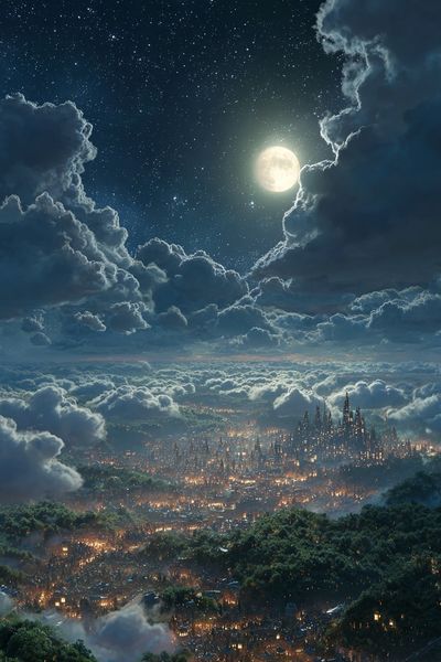 Moonlit Cloud City Fantasy Print. poster
