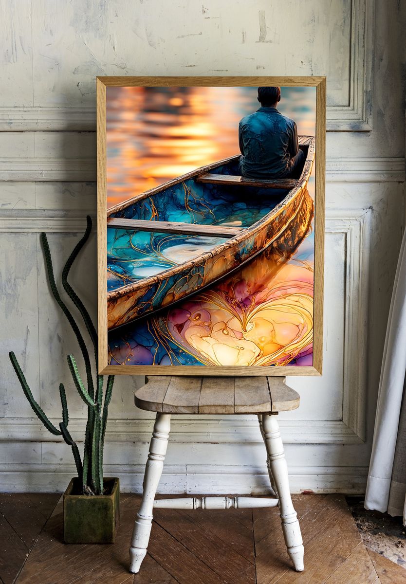 Dreamy Boat Reflection Illustration Poster. room preview