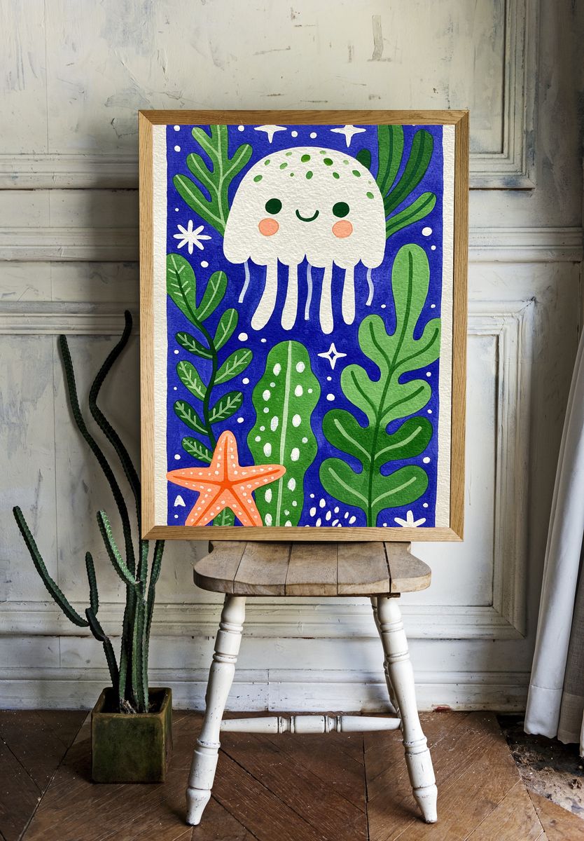 Cute Jellyfish Botanical Print. room preview