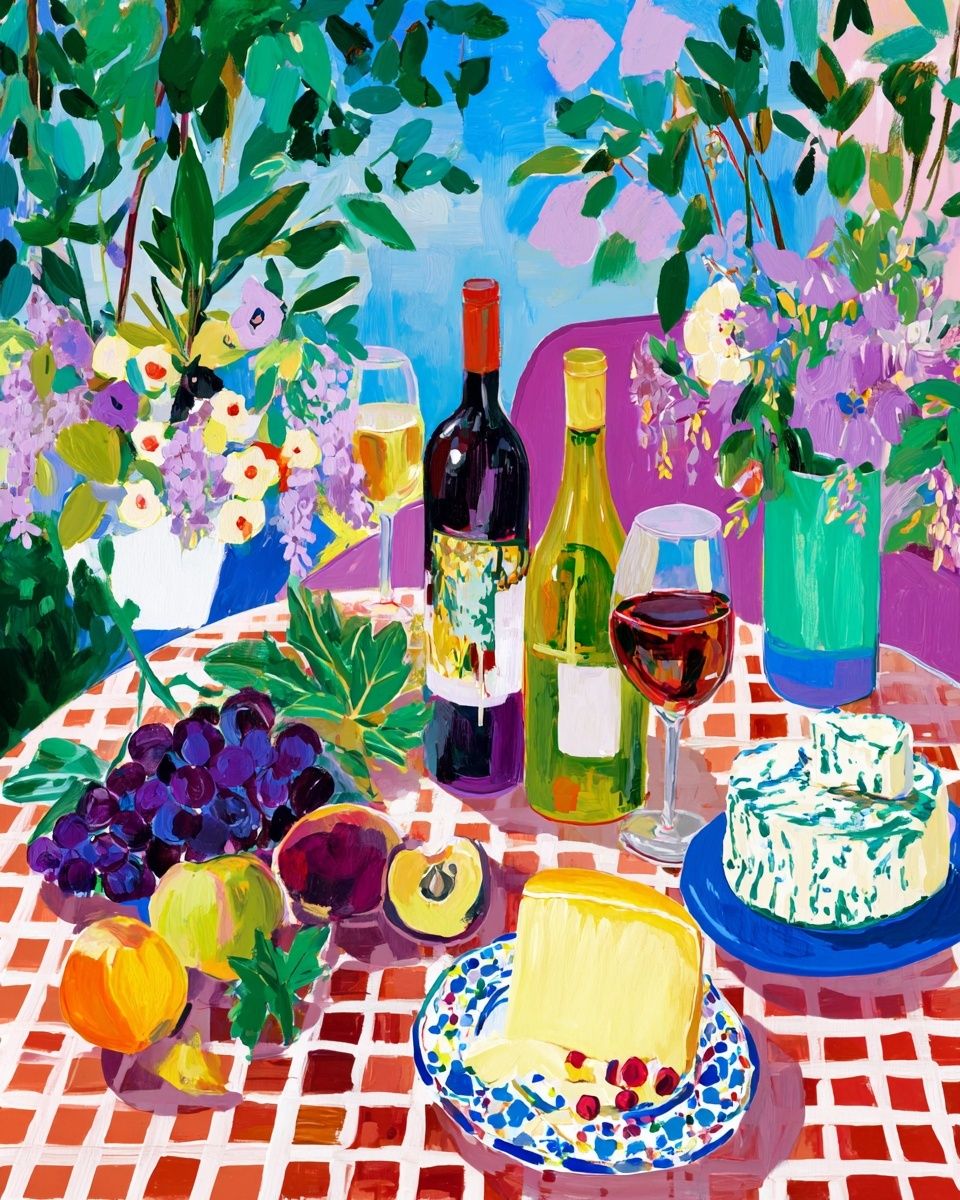 Sunlit Wine Still Life — Illustration Print. poster — illustration art
