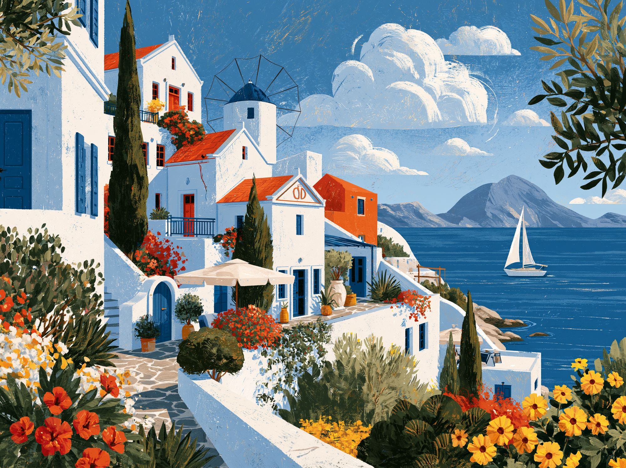 Greek Seaside Village Illustration Poster. poster detail