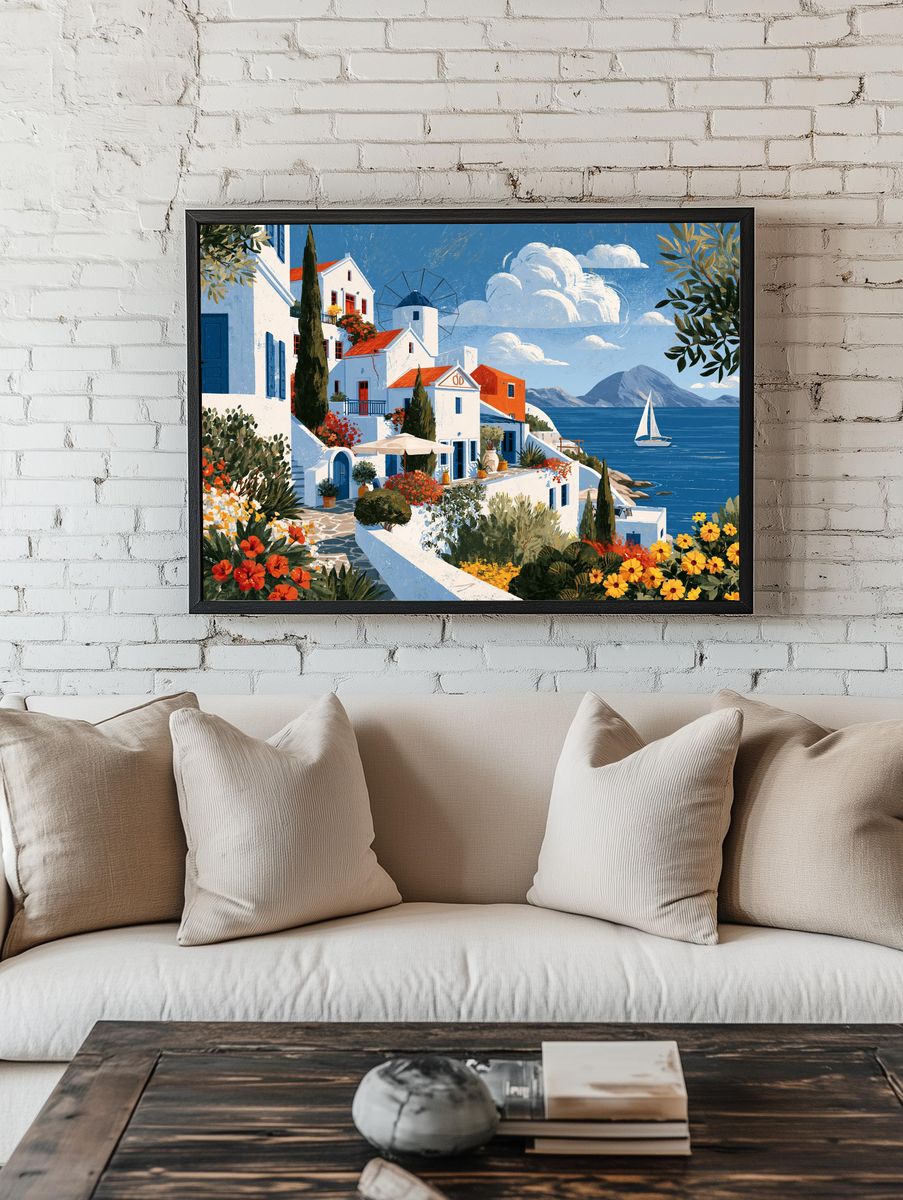 Greek Seaside Village Illustration Poster. room preview