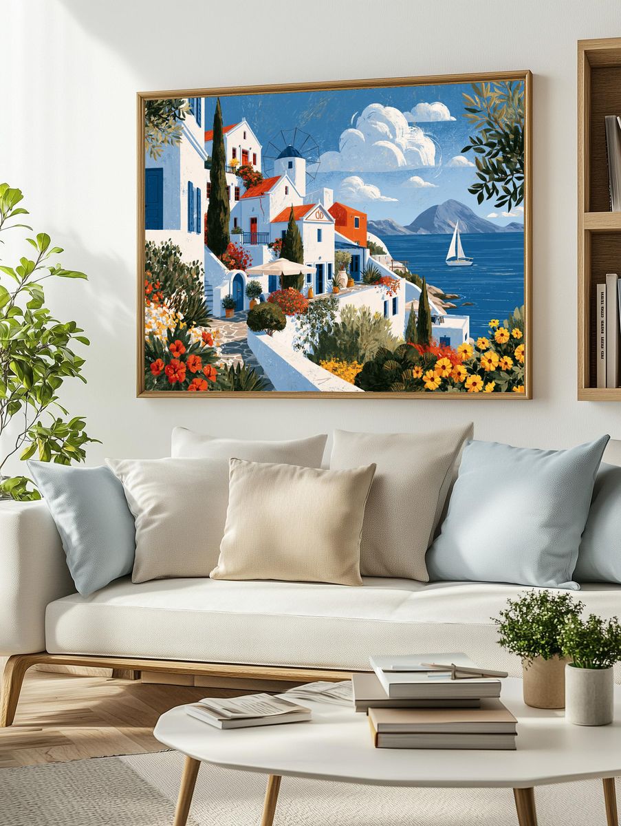 Greek Seaside Village Illustration Poster. — room view 2