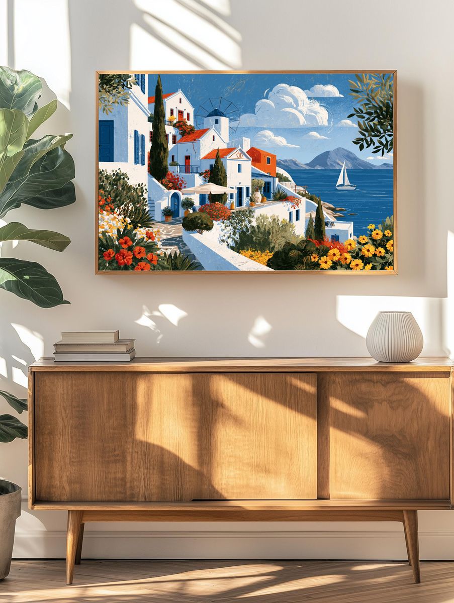 Greek Seaside Village Illustration Poster. — room view 3