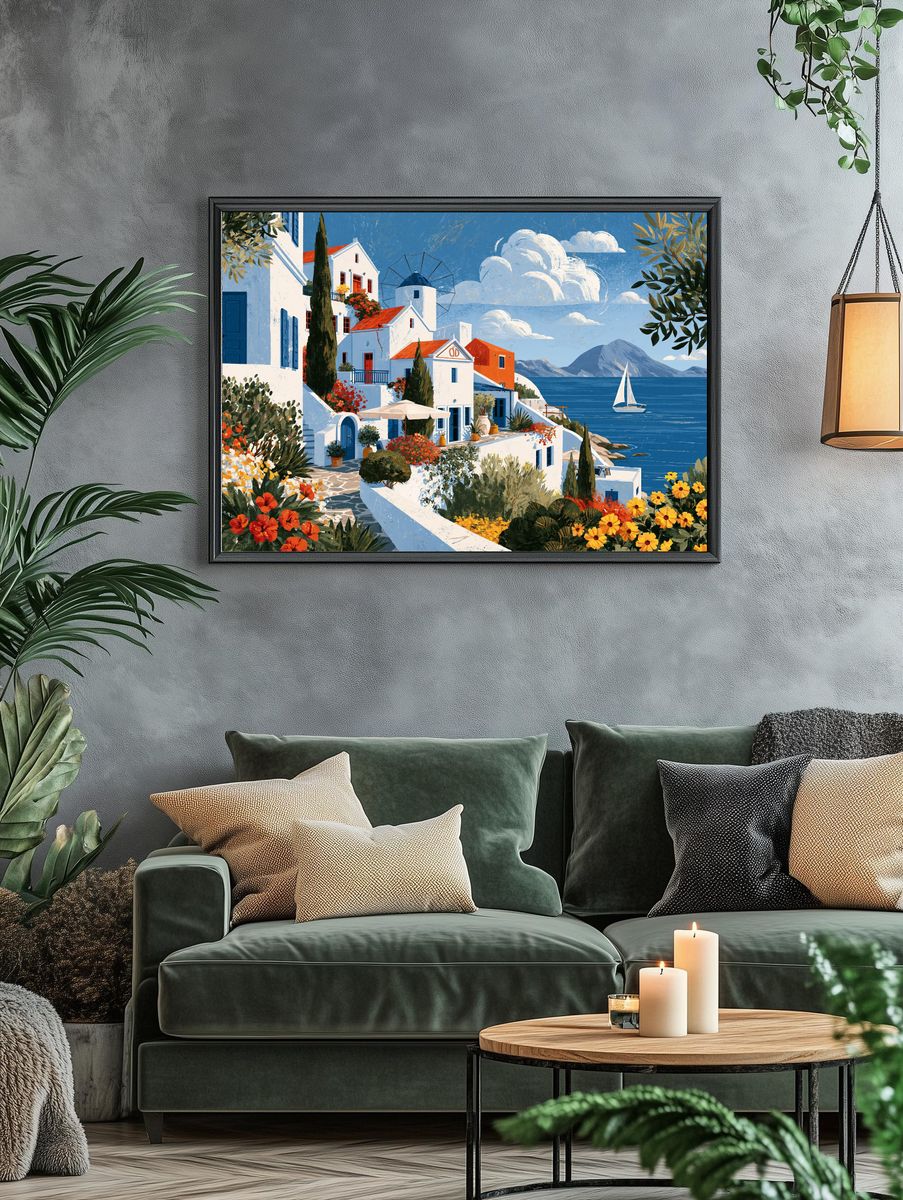 Greek Seaside Village Illustration Poster. — room view 4