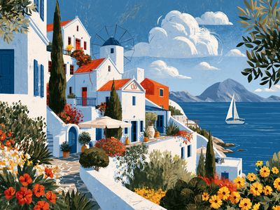 Greek Seaside Village Illustration Poster. poster