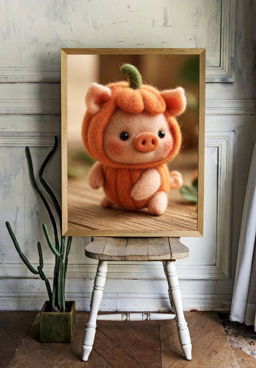 Felt Pumpkin Pig Illustration Poster. — room view 1