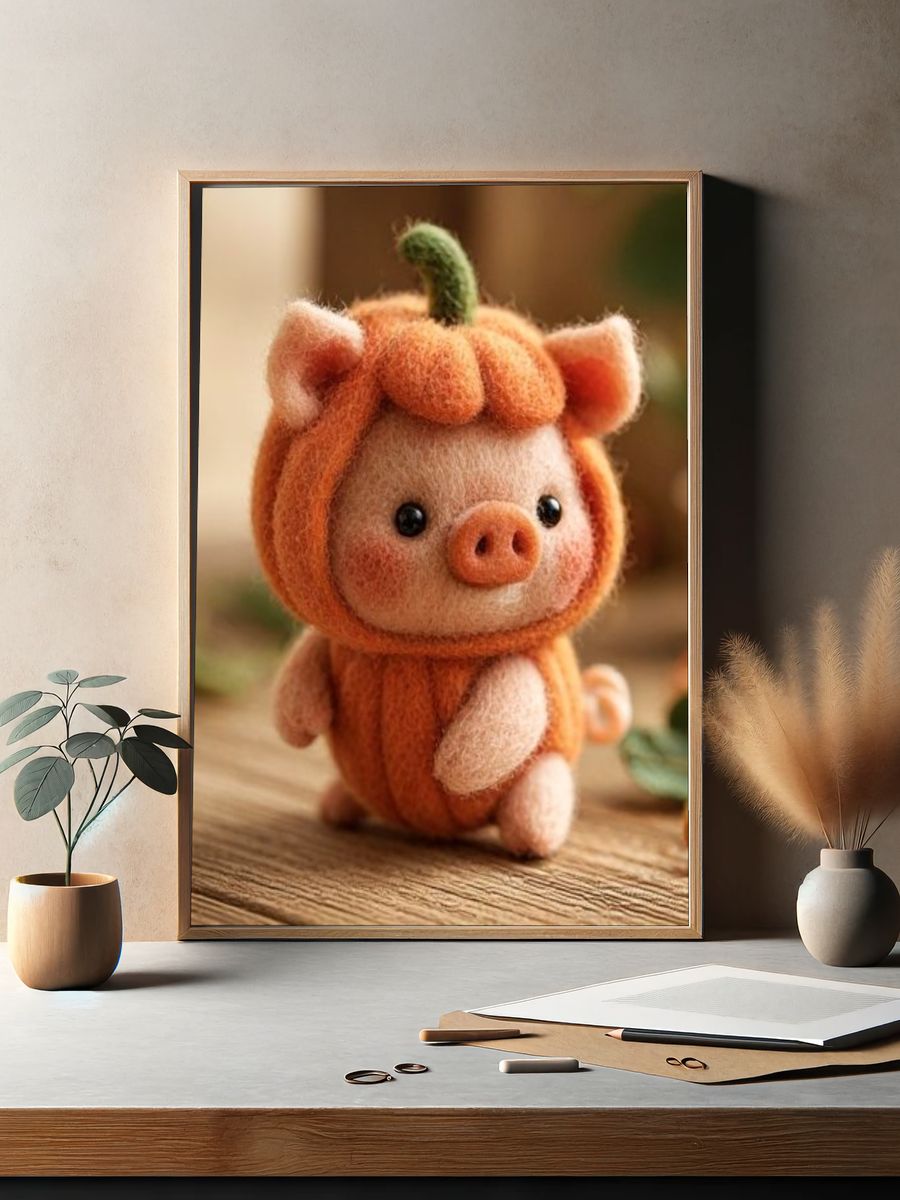 Felt Pumpkin Pig Illustration Poster. — room view 2